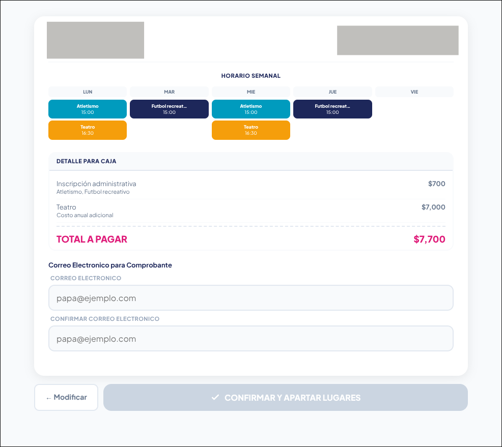 Revisión de horario y pago antes de confirmar una inscripción