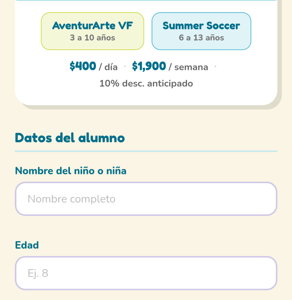 Vista móvil del formulario de inscripción