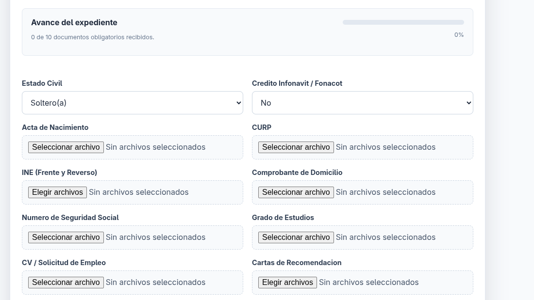 Portal privado para cargar documentos de incorporación