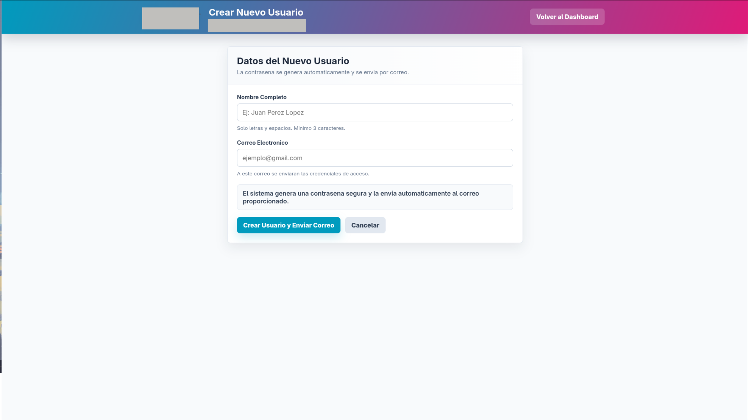 Formulario privado para crear un usuario y enviar sus credenciales