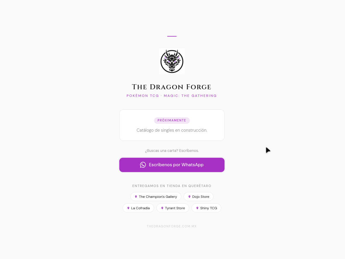 Página temporal de The Dragon Forge durante la construcción del catálogo