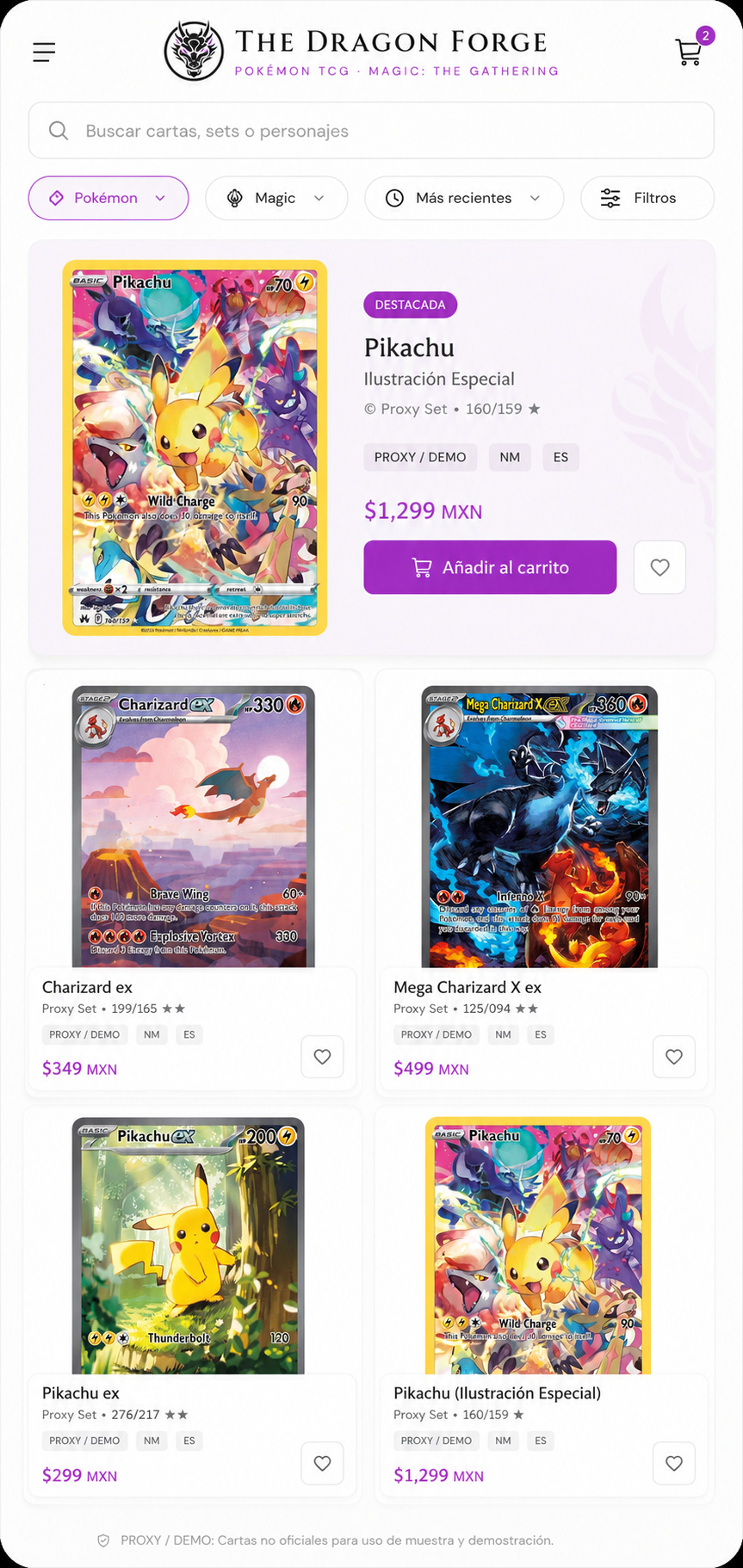 Vista de desarrollo de la tienda de cartas The Dragon Forge